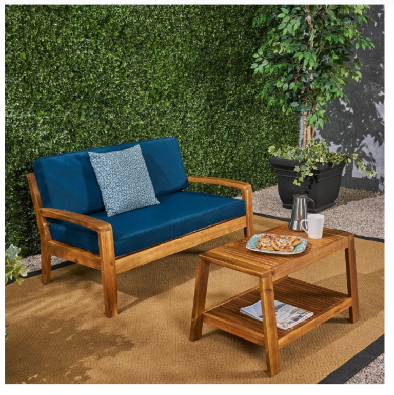 2PCS OUTDOOR WOOD LOVESEAT & COFFEE TABLE