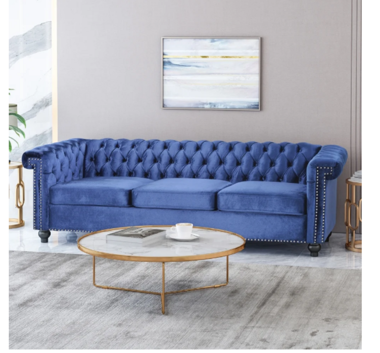 3 SEATER TUFTED VELVET BLUE SOFA