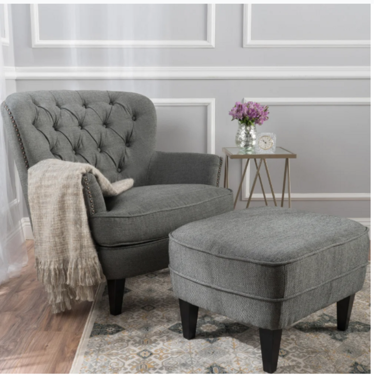 GREY FABRIC CLUB CHAIR OTTOMAN