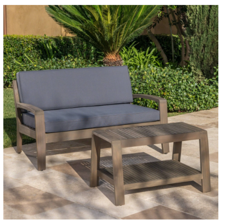 2PCS OUTDOOR WOOD LOVESEAT & COFFEE TABLE