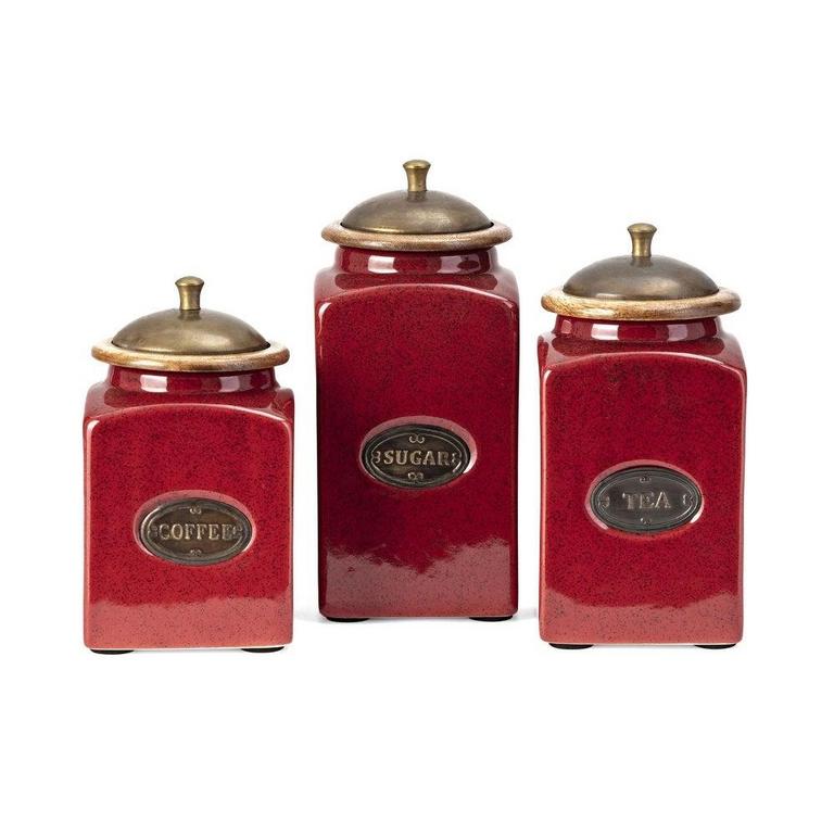 3 RED CERAMIC CANISTERS