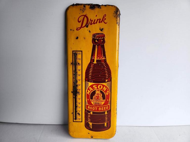 Auction Ohio Mason's Root Beer Metal Sign with Thermometer