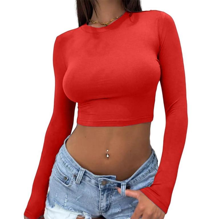 Women's Y2K Long Sleeve Crop Tops - Stretchy Slim Fit Basic Shirts For Everyday Wear