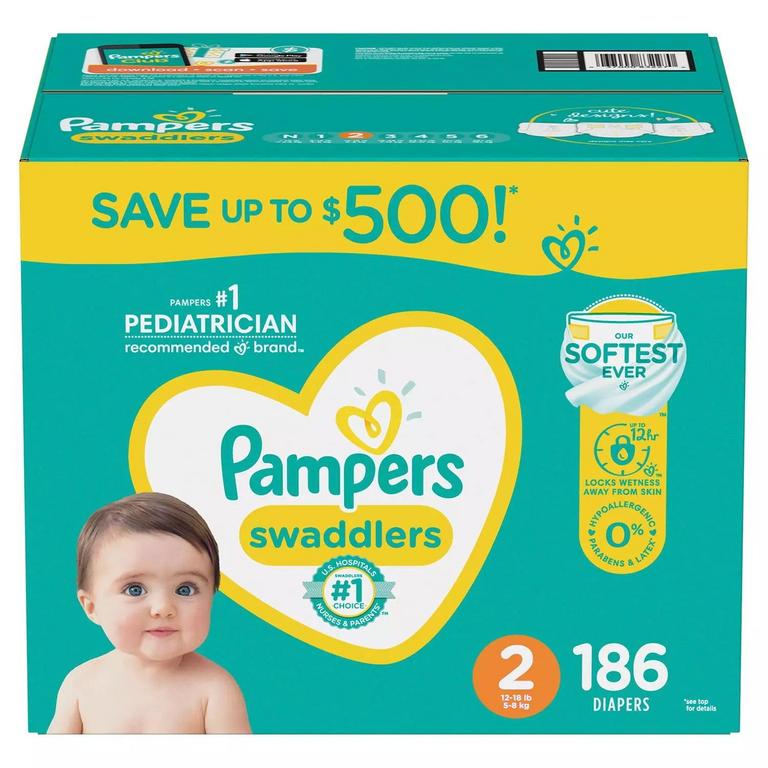 PAMPERS SWADDLERS DIAPERS SZ 2 186PK