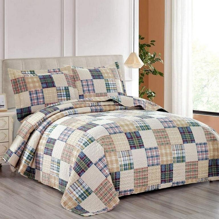 JESSY HOME FULL/QN BEIGE PLAID QUILT SET 3PC
