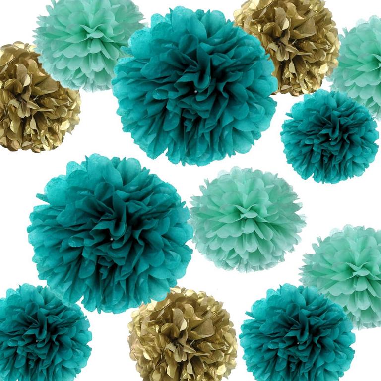 TEAL/AQUA/GOLD POM POMS