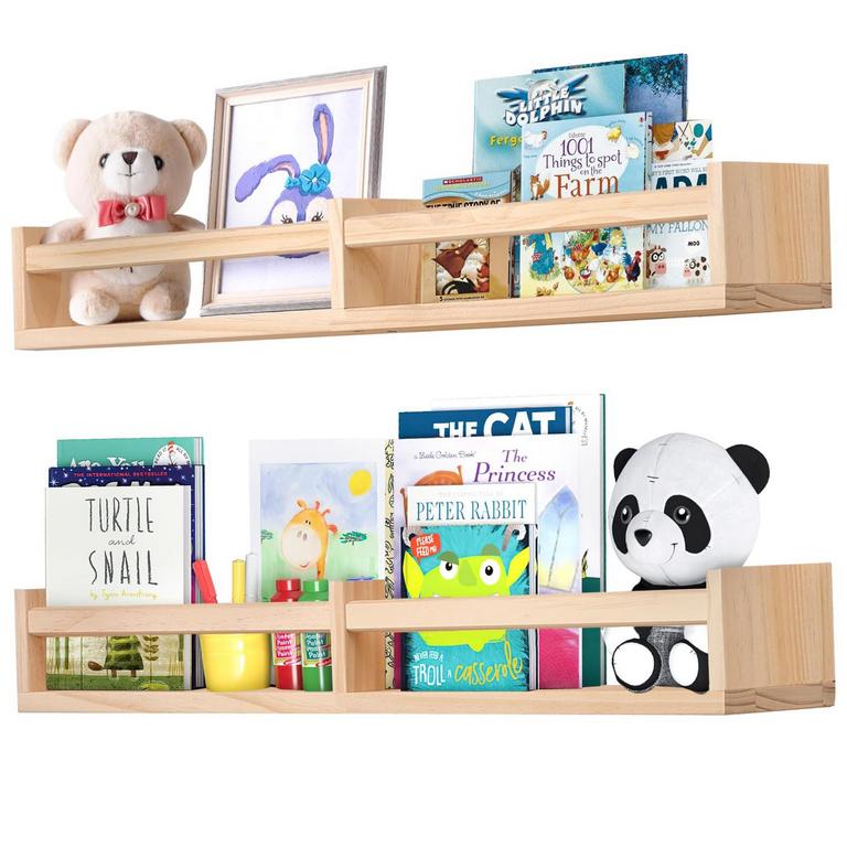 2 NATURAL WOOD NURSERY SHELVES