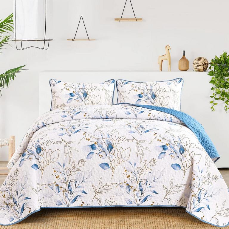 BLUE BOTANICAL QN QUILT SET 3PC