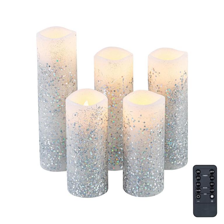 SILVER GLITTER LED CANDLE 5PK 