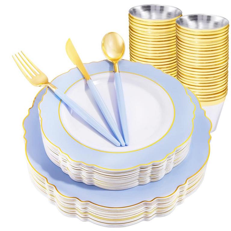 WDF BLUE GOLD RIM PLASTIC DINNERWARE 150PCS