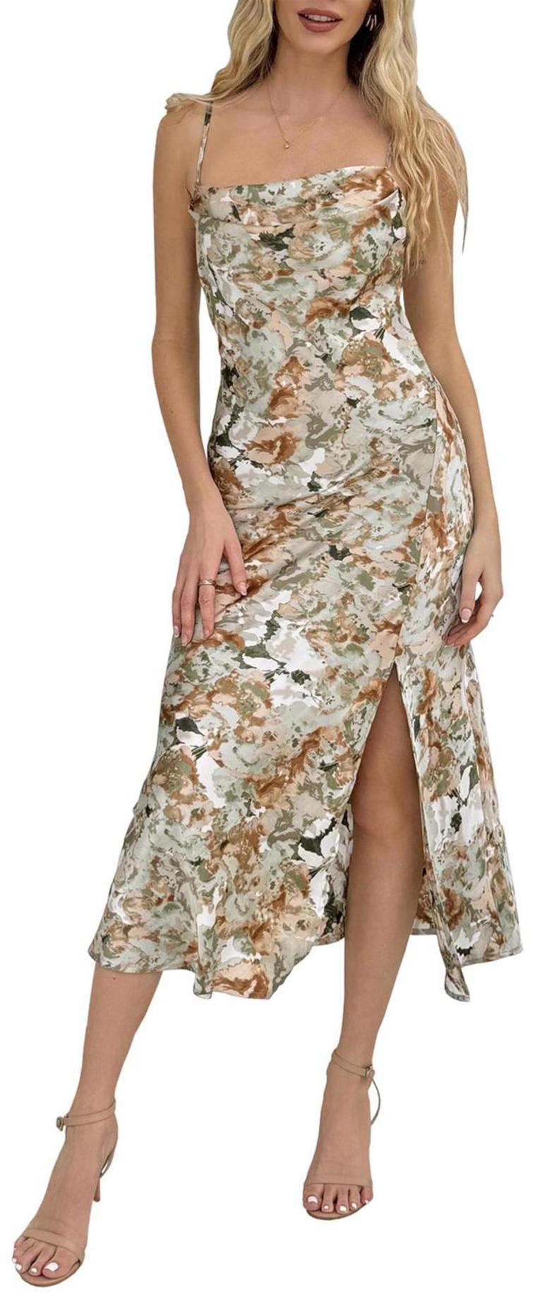 SATIN FLORAL MIDI DRESS WOMEN'S SZ L
