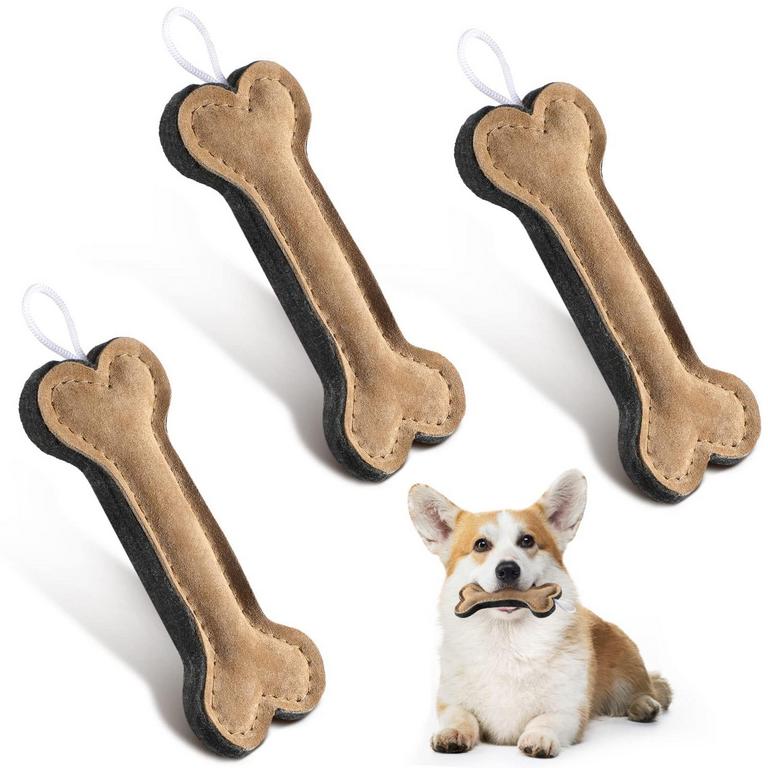3PC LEATHER DOG TOY BONES