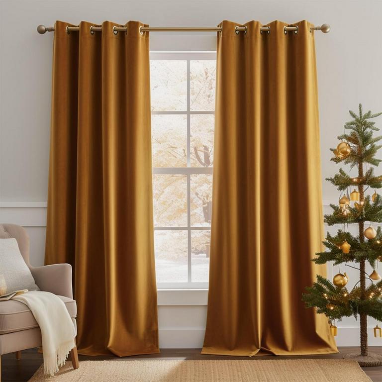 2 LAZZZY GOLD VELVET CURTAINS 90"L