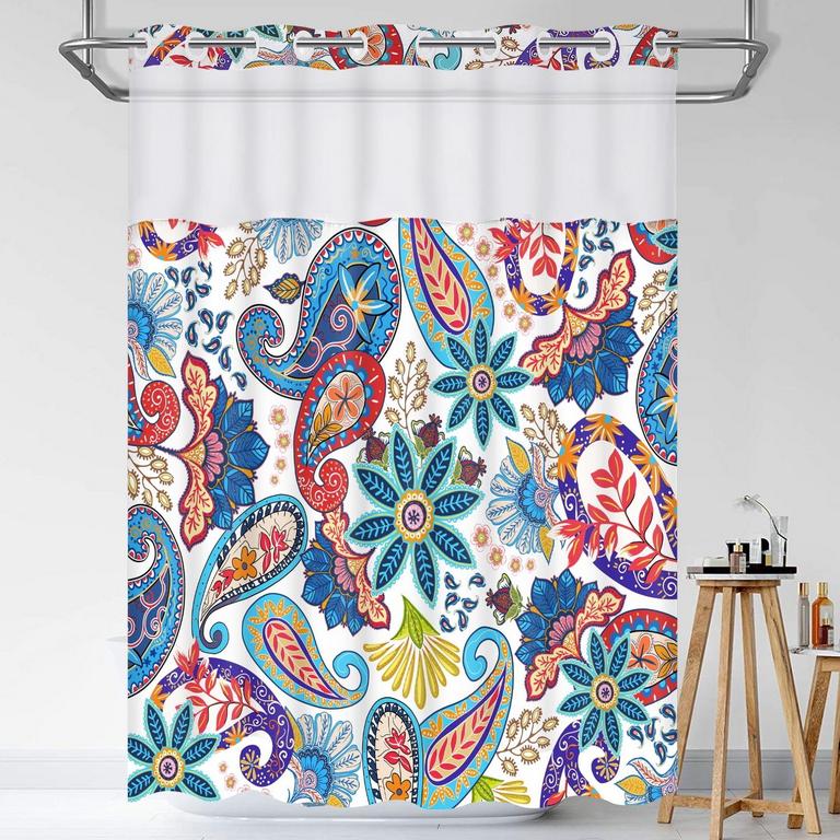 IKFASHONI WHITE PAISLEY SHOWER CURTAIN 71X74IN