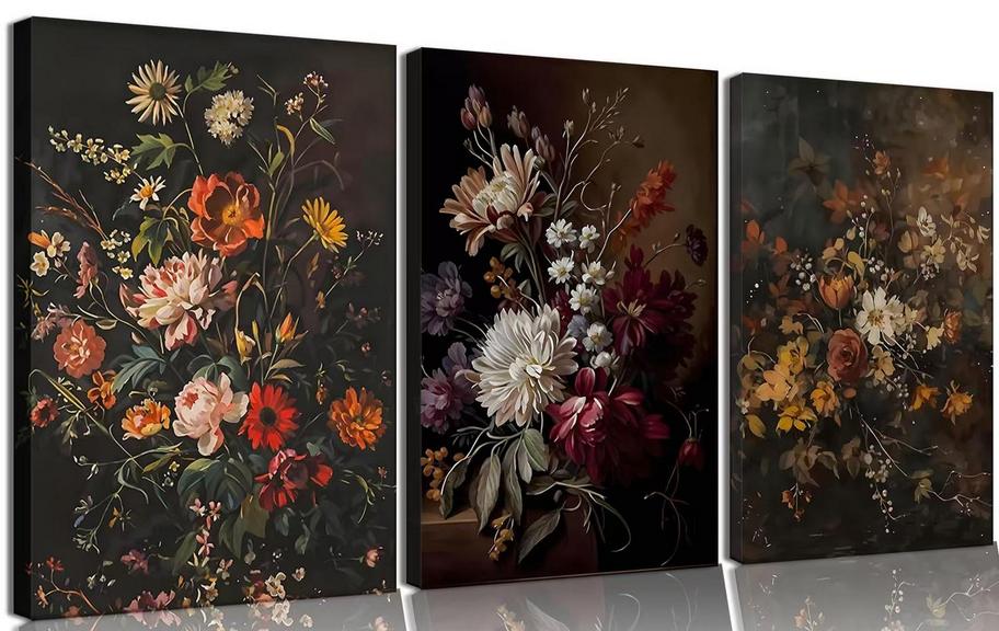 KOUSNE DARK FLORAL ART 3PC 16IN X 24IN 