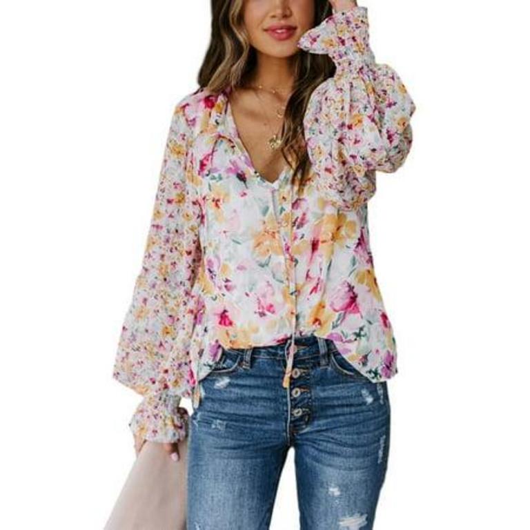 L FLORAL VNECK BLOUSE