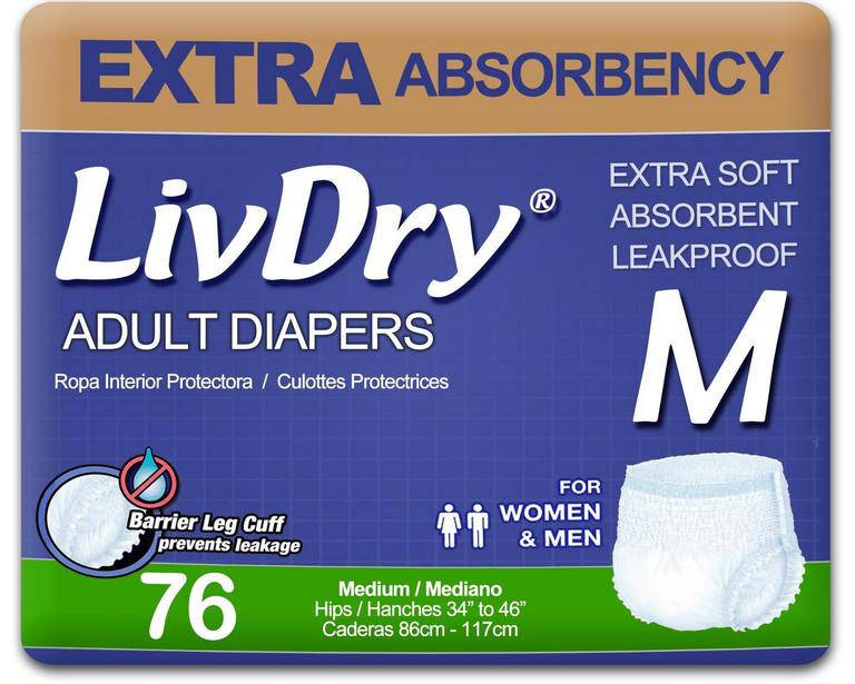 LIVDRY ADULT DIAPERS SZ M 76PK
